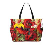 ASFgda Beautiful Red Poppy Flower Print Beach Bag,Waterproof Sandproof Beach Tote Bag,Large Capacity Lightweight Foldable Zippered Tote