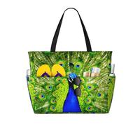 ASFgda Blue Peacock Print Beach Bag,Waterproof Sandproof Beach Tote Bag,Large Capacity Lightweight Foldable Zippered Tote