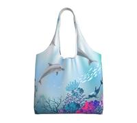 ASFgda Canvas Blue Ocean Underwater Fish Print Tote Bag,Reusable Grocery Shopping Bag,Large Capacity Shoulder Bag For Daily Use,Travel,Beach