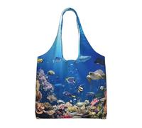 ASFgda Canvas Ocean Tropical Fish Turtle Shark Print Tote Bag,Reusable Grocery Shopping Bag,Large Capacity Shoulder Bag For Daily Use,Travel,Beach