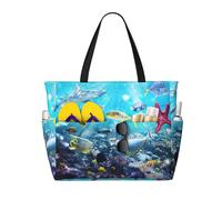 ASFgda Colorful 3d Nature Scenic Of Sea Underwater Of Tropical Fishes Print Beach Bag,Waterproof Sandproof Beach Tote Bag,Large Capacity Lightweight Foldable Zippered Tote
