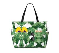 ASFgda Cute Green Palm Leaves Print Beach Bag,Waterproof Sandproof Beach Tote Bag,Large Capacity Lightweight Foldable Zippered Tote
