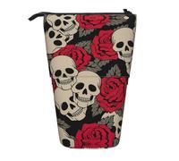 ASFgda Cute Standing Black Skull with Roses Print Pencil Case Pen Holder,Telescopic Pencil Bag for School Office Supplies