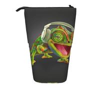 ASFgda Cute Standing Chameleon Listen Music Print Pencil Case Pen Holder,Telescopic Pencil Bag for School Office Supplies
