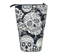 ASFgda Cute Standing Floral Skull Print Pencil Case Pen Holder,Telescopic Pencil Bag for School Office Supplies