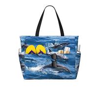 ASFgda Dolphins In The Sea Print Beach Bag,Waterproof Sandproof Beach Tote Bag,Large Capacity Lightweight Foldable Zippered Tote