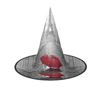 ASFgda Halloween Eiffel Tower Paris Street Red Umbrella Print Witch Hats For Women Wide Brim Foldable Pointed Cap For Halloween Party Costume Accessory