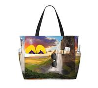 ASFgda Iceland Waterfall River Field Sunset Print Beach Bag,Waterproof Sandproof Beach Tote Bag,Large Capacity Lightweight Foldable Zippered Tote