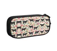 ASFgda Large Capacity Expandable Double Layer Oxford Pink Flower Show Steer Cows Cattle Print Pencil Case,Durable Zipper Pen Pouch for School Teen Office