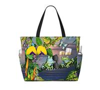 ASFgda Many Frogs Sing On The Branches Summer Butterflies Lake Water Print Beach Bag,Waterproof Sandproof Beach Tote Bag,Large Capacity Lightweight Foldable Zippered Tote