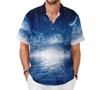 ASFgda Men's Casual Stylish Button-Down Falling Star Moon Print Shirts Hawaiian Shirt Short Sleeve Summer Beach Shirt with Pocket Black