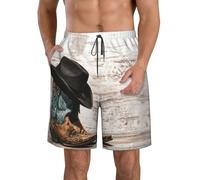 ASFgda Men's Quick Dry Beach Cowboy Hat and Boots Print Shorts,Drawstring Board Shorts with Pockets & Mesh Lining,Summer Swim Trunks White