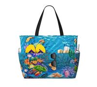ASFgda Ocean Sea Turtle Tropical Fish Starfish Print Beach Bag,Waterproof Sandproof Beach Tote Bag,Large Capacity Lightweight Foldable Zippered Tote