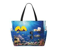 ASFgda Ocean Tropical Fish Turtle Shark Print Beach Bag,Waterproof Sandproof Beach Tote Bag,Large Capacity Lightweight Foldable Zippered Tote