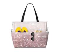 ASFgda Pink Glitter Print Beach Bag,Waterproof Sandproof Beach Tote Bag,Large Capacity Lightweight Foldable Zippered Tote