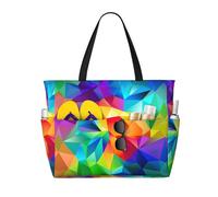 ASFgda Rainbow Geometric Print Beach Bag,Waterproof Sandproof Beach Tote Bag,Large Capacity Lightweight Foldable Zippered Tote