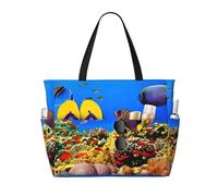 ASFgda Sea Fish Pattern Print Beach Bag,Waterproof Sandproof Beach Tote Bag,Large Capacity Lightweight Foldable Zippered Tote