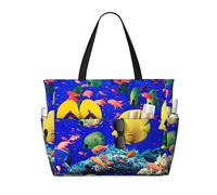 ASFgda Sea Fishes Print Beach Bag,Waterproof Sandproof Beach Tote Bag,Large Capacity Lightweight Foldable Zippered Tote