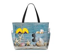 ASFgda Shell Starfish Pattern Print Beach Bag,Waterproof Sandproof Beach Tote Bag,Large Capacity Lightweight Foldable Zippered Tote