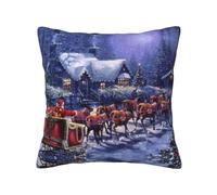 ASFgda Snow Night Santa And Deer Printed Decorative Throw Pillow Covers, Invisible Zipper Soft Cushion Cases For Home Sofa Bedroom Decor