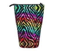ASFgda Standing Colorful Rainbow Zebra Print Pencil Case,Telescopic Pen Pouch,Portable Pencil Holder,Storage Cosmetic Bag