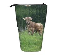 ASFgda Standing Real Swiss Cow Brown Print Pencil Case,Telescopic Pen Pouch,Portable Pencil Holder,Storage Cosmetic Bag