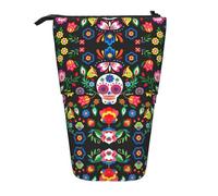 ASFgda Standing Sugar and Skulls and Flowers Print Pencil Case,Telescopic Pen Pouch,Portable Pencil Holder,Storage Cosmetic Bag