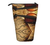 ASFgda Standing Violin and Book Print Pencil Case,Telescopic Pen Pouch,Portable Pencil Holder,Storage Cosmetic Bag