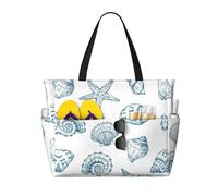 ASFgda Starfish Shell Print Beach Bag,Waterproof Sandproof Beach Tote Bag,Large Capacity Lightweight Foldable Zippered Tote