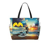 ASFgda Sunset Beach Print Beach Bag,Waterproof Sandproof Beach Tote Bag,Large Capacity Lightweight Foldable Zippered Tote
