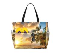 ASFgda Sunset Hawaiian Palm Tree Print Beach Bag,Waterproof Sandproof Beach Tote Bag,Large Capacity Lightweight Foldable Zippered Tote