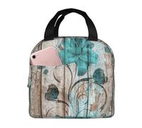 ASFgda Teal Flower On Wooden Plank Print Lunch Bag Lunch Box for Women Men,Water Resistant Reusable Lunch Tote Bags for Work/Office/Travel/Picnic