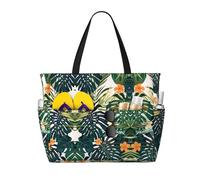 ASFgda Tropical Summer Hawaiian Flower Palm Leaves Print Beach Bag,Waterproof Sandproof Beach Tote Bag,Large Capacity Lightweight Foldable Zippered Tote
