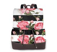ASFgda Women'S Black White Striped Flowers Print Leather Backpack Purse,14 Inch Laptop Bag,Ladies Fashion Daypack For Travel Work College