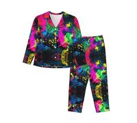 ASFgda Women'S Colorful Abstract Painting Print Pajama Sets,Long Sleeve Button Down Pajamas Set,Lounge Sets With Pockets Black