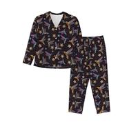 ASFgda Women'S Flower Hummingbirds Embroidery Print Pajama Sets,Long Sleeve Button Down Pajamas Set,Lounge Sets With Pockets Black