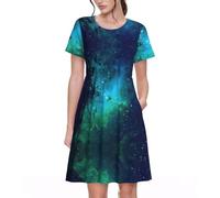 ASFgda Women's Short Sleeve Crew Neck A-Line Galaxy Green Print Dress with Pockets,Knee Length Casual Summer Dress