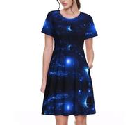ASFgda Women's Short Sleeve Crew Neck A-Line Galaxy Print Dress with Pockets,Knee Length Casual Summer Dress Black