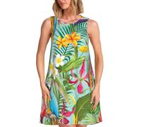ASFgda Womens Spring Summer Tropical Plants and Parrots Print Dresses Casual Loose Beach Crew Neck Sleeveless Sundresses Dress with Pockets Black