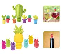 ASFINS Bottle Stopper Glass Markers, 2 Pieces Silicone Wine Stoppers and 12 Pieces Glass Markers for Family Gatherings, Parties and Other Events, Cactus and Pineapple Design