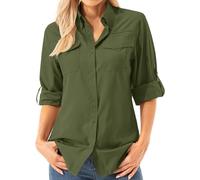 Asfixiado Women's Army Green XXL Safari Shirt, UPF 50+ Sun Protection, Quick Dry, Breathable, Long Sleeve, Relaxed Fit, 2 Patch Pockets, Camp Collar, Casual Modern Classic, Long Sleeve Shirt