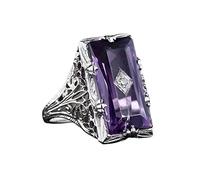 ASFKIPMF 925 Silver Large Amethyst Gem Band Ring Rectangle Shape 3Ct Cubic Zirconia Promise Rings Set CZ Halo Ring Eternity Engagement Wedding Band Ring Sets for Wome Size T1/2