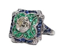 ASFKIPMF 925 Sterling Silver Vintage Emerald and Blue Sapphire Ring - White Topaz Wedding Fashion Jewelry for Men and Women - Large Square With Diamond Retro Design - Size T1/2