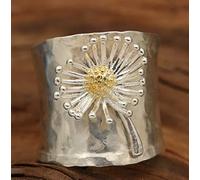 ASFKIPMF S925 Sterling Silver Daisy Flower Wide Bands, Chrysanthemum Thumb, Blooming Wild Floral Index Finger, Thumb Index Finger Floral Statement Boho Ring Jewelry Gift for Her Size L1/2