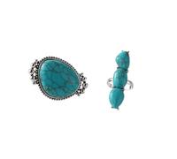 ASFKIPMF Vintage Irregular Turquoise 2 Pcs Set Three Stone Ring 925 Sterling Silver Bohemian Retro Large Turquoise Ring for Women Jewelry Gift