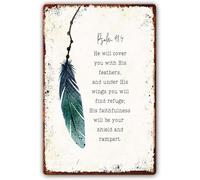 asfqweff Psalm 91:4 Metal Tin Sign Scripture Wall Decor Bible Verse Wall Art He Will Cover You With His Feathers, Under His Wings You Will Find Refuge Artwork Paintings Metal Tin Sign 8"x12"