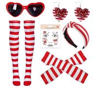 ASFWAGQ Hippie Costume Women's Set for Carnival Cologne & Fancy Dress - Includes Heart Glasses, Red/White Headband, Striped Socks & Gloves - 70s Theme Party Outfit in Carnival Costume Style