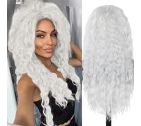 Ash Blonde Wig Synthetic Long Curly Hair Wigs for Women Fluffy Hairstyle Wave Ombre Wig Costume Carnival Party Regular Curly Wig-White-26inches