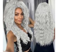 Ash Blonde Wig Synthetic Long Curly Hair Wigs for Women Fluffy Hairstyle Wave Ombre Wig Costume Carnival Party Regular Curly Wig-Light Grey-26inches