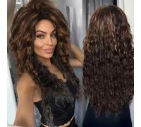 Ash Blonde Wig Synthetic Long Curly Hair Wigs for Women Fluffy Hairstyle Wave Ombre Wig Costume Carnival Party Regular Curly Wig-Blend Brown-26inches